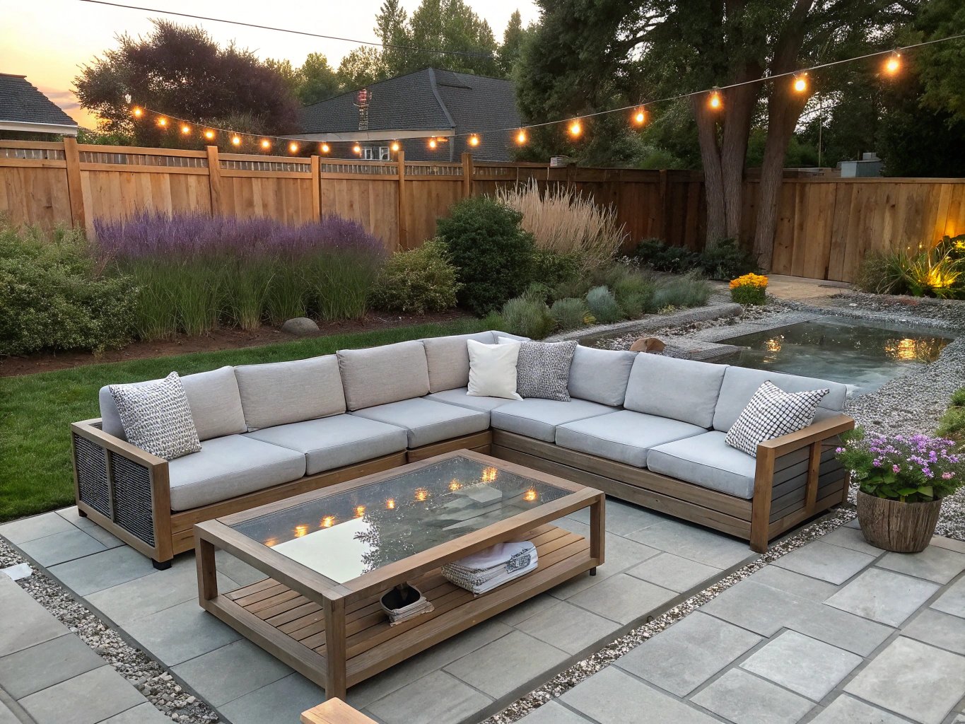 Modern small backyard design with cozy seating and lush greenery
