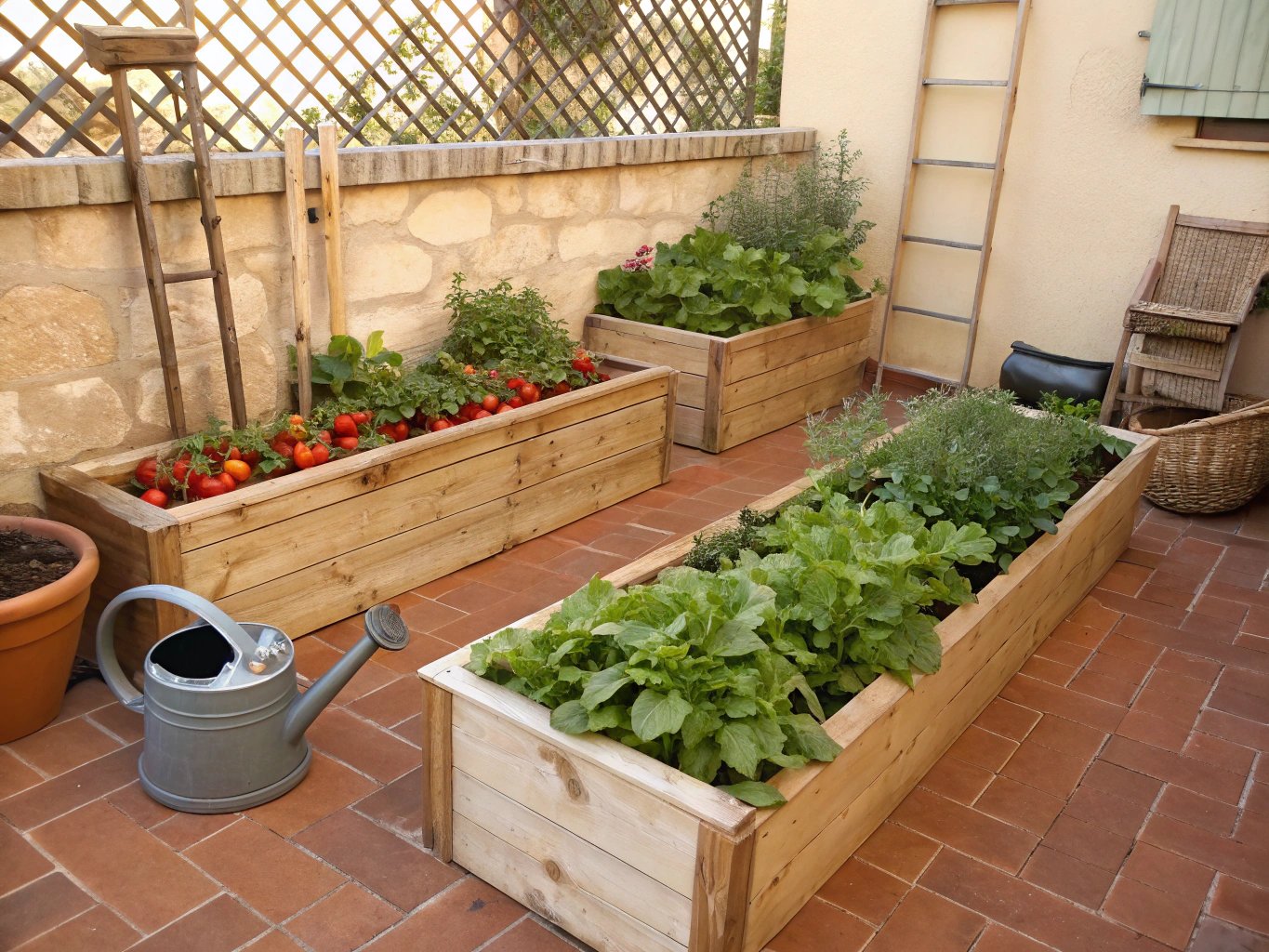 Beautifully designed backyard garden with raised beds and seating