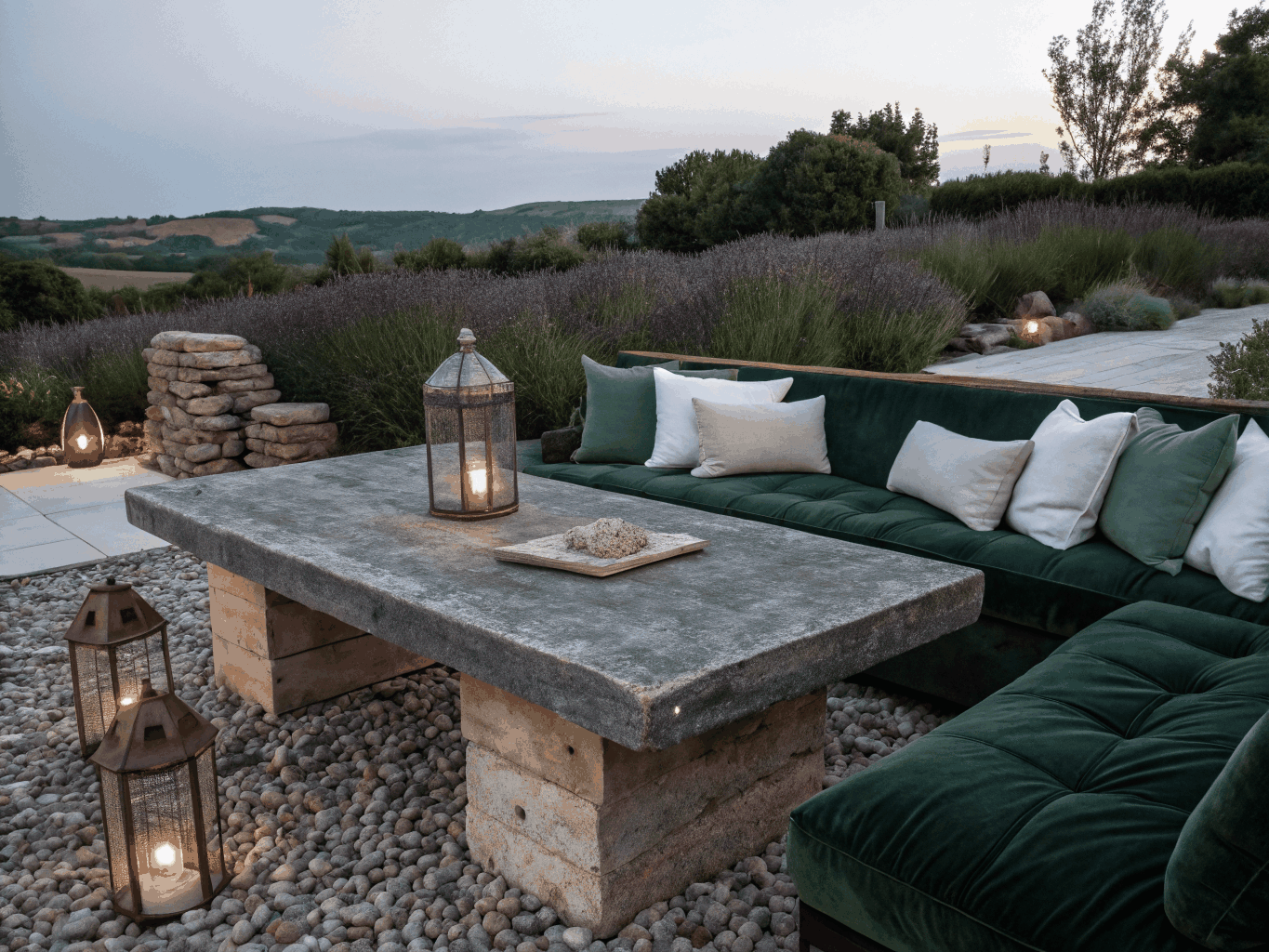 A beautifully designed small backyard patio with lush greenery and modern furniture