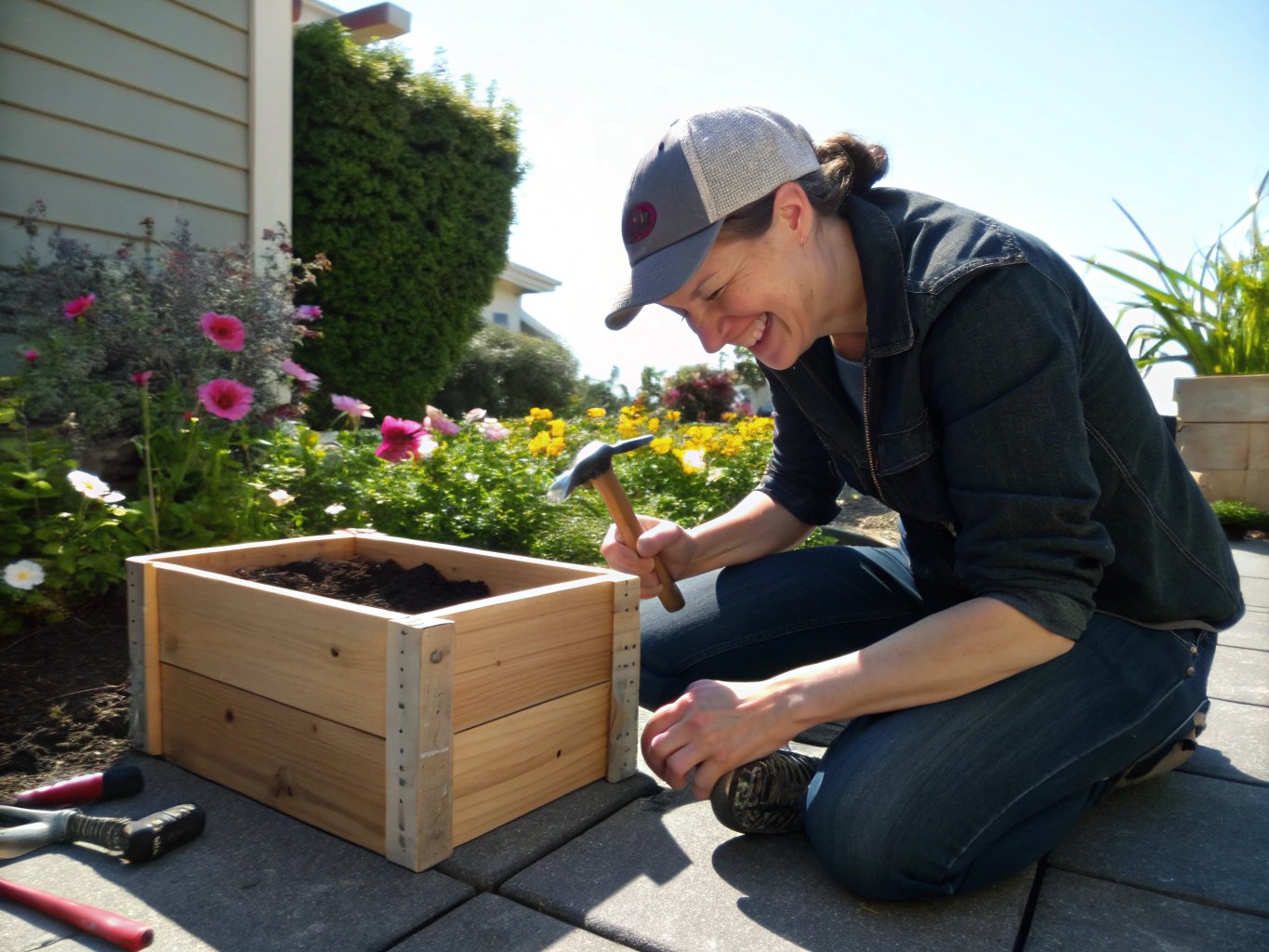 Person building a wooden planter box in a garden