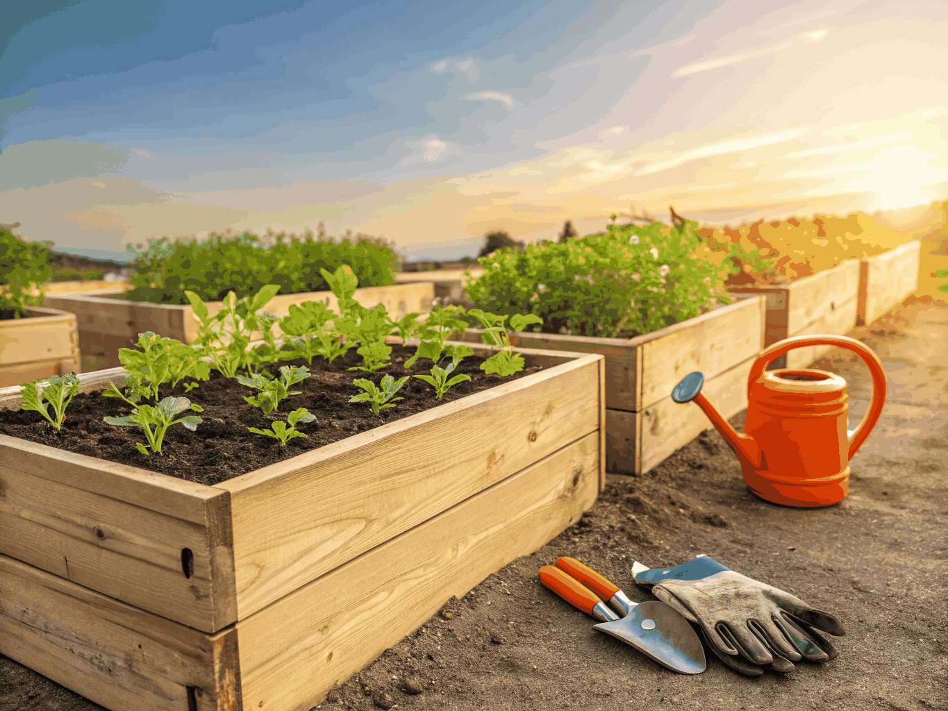 Handcrafted wooden garden planter and tools