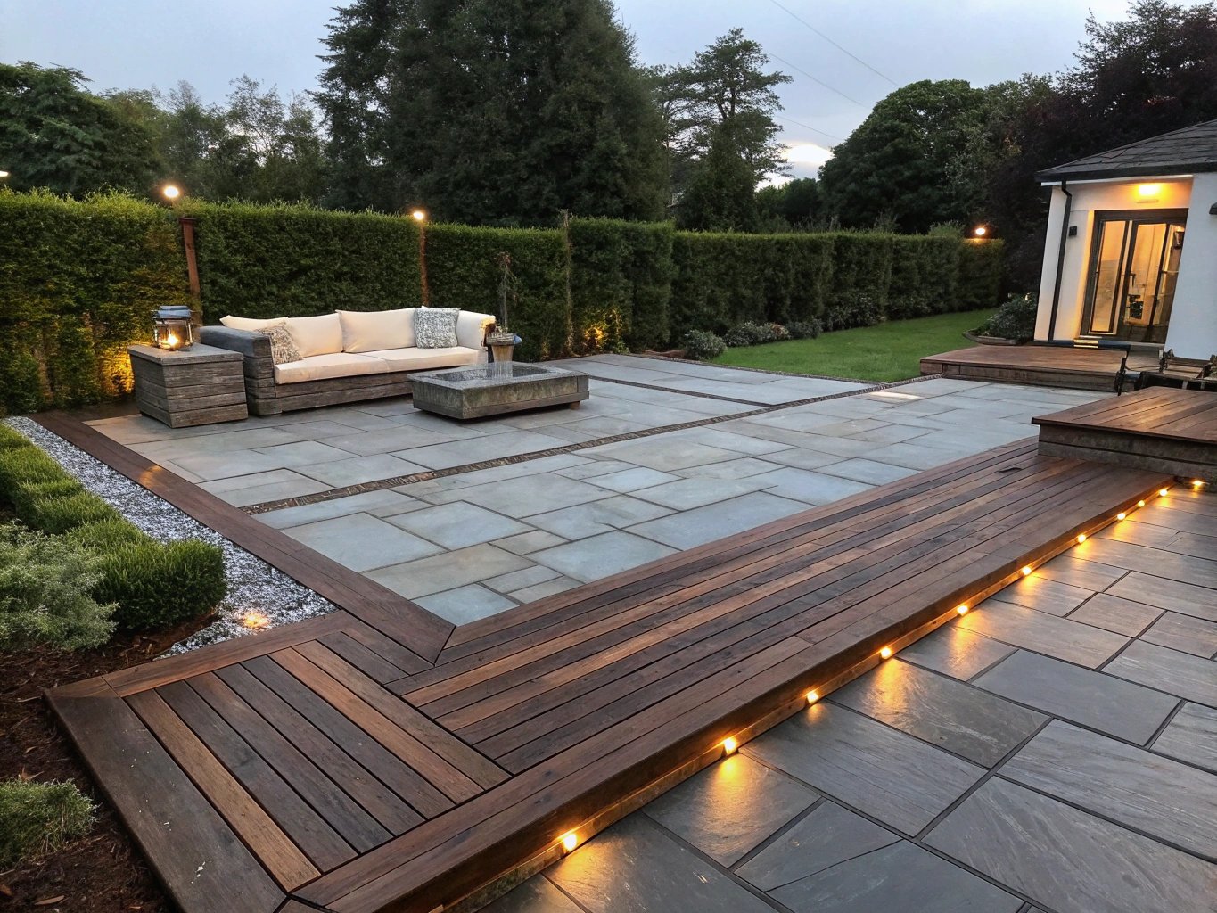 Beautifully designed stone patio with comfortable furniture