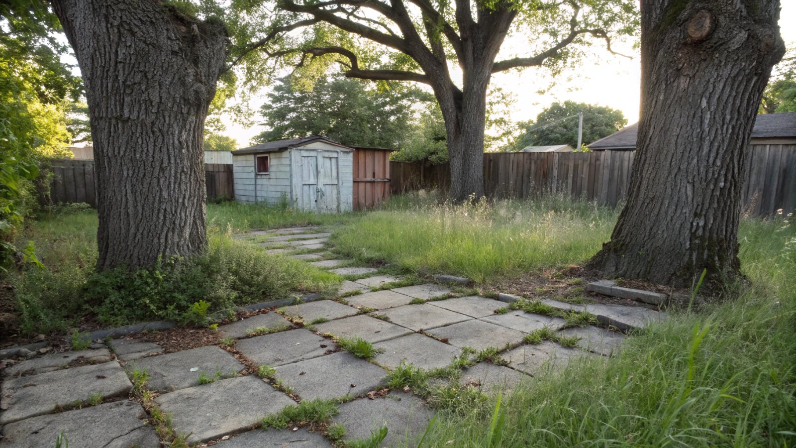 Traditional backyard with disorganized tools and poor layout